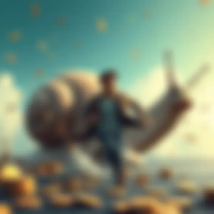 A person chased by a giant snail A person running in panic as a large, cartoonish snail follows closely behind, representing their struggle with the burden of wealth. Coins scatter around them, symbolizing the wealth they gained. The...