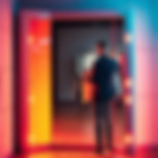 A person standing in front of a mirror, holding different clothing options to decide on an outfit.