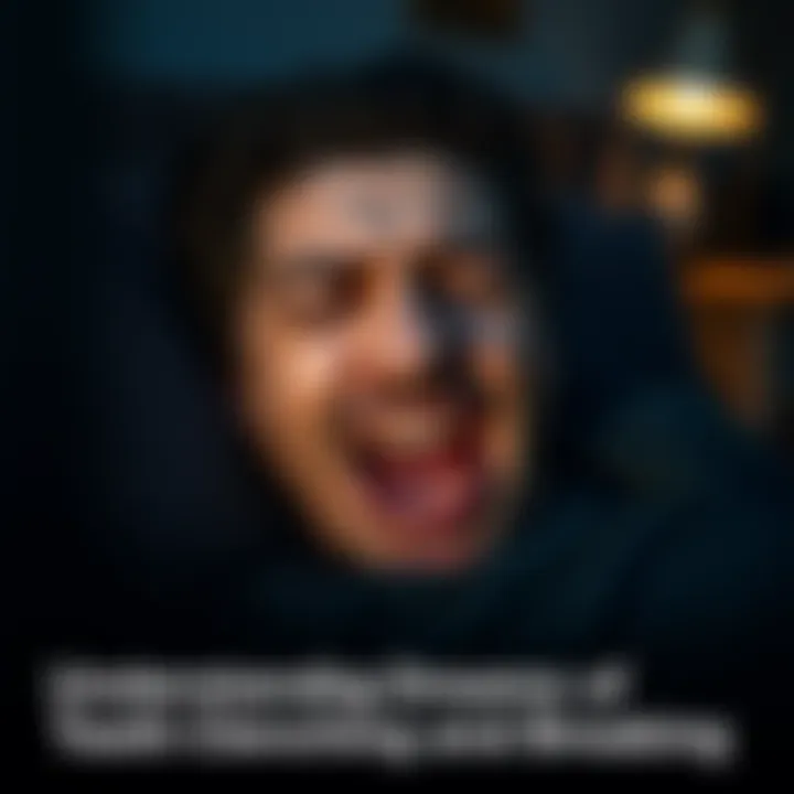 A person sleeping with a tense expression, clenching their teeth tightly. The background shows a dark bedroom with a nightstand and a soft glow from a bedside lamp, symbolizing nighttime stress and an...