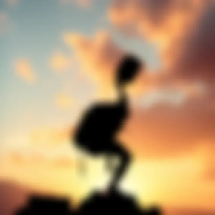 Person overcoming obstacles A determined individual climbing a mountain during sunrise, symbolizing strength and resilience in the face of challenges.