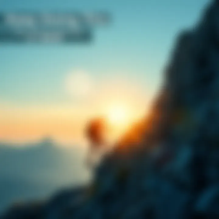 A determined individual climbing a steep mountain, symbolizing perseverance and success.