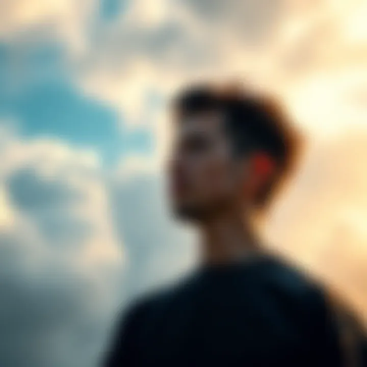 Individual gazing thoughtfully at a cloudy sky, reflecting confusion and uncertainty about the future.