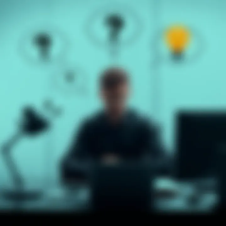 A person sitting at a desk looking confused, surrounded by thought bubbles illustrating their conflicting beliefs, such as a question mark and a light bulb, symbolizing the struggle to manifest belief...