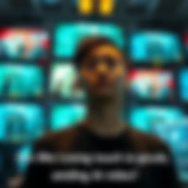 A person watches AI-generated videos with a puzzled expression, surrounded by screens displaying realistic artificial content.