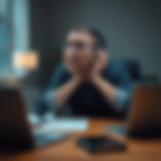 A dedicated person sits at a table with headphones, looking frustrated and deep in thought about the effectiveness of subliminal messages, with notes and a laptop in front of them.