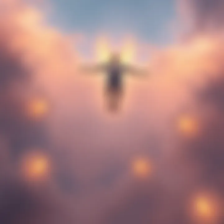 A person floating above their physical body, surrounded by soft light, while ethereal figures representing spirit guides hover nearby.