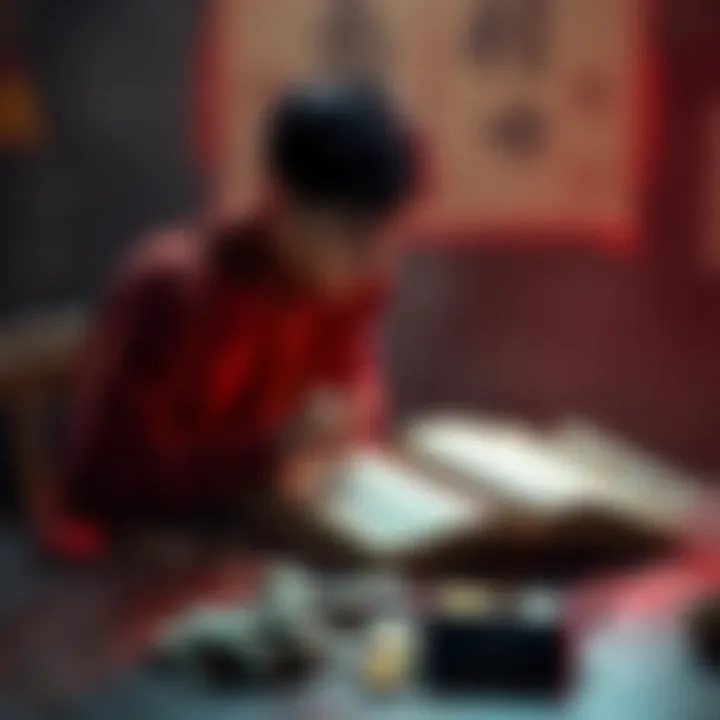 A person sitting at a table with I Ching coins and an open book, contemplating their decision