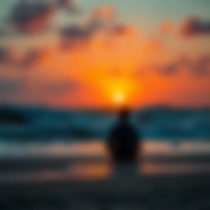 Person Contemplating at Sunset A person sitting alone on a beach at sunset, looking contemplative as waves crash nearby, reflecting feelings of emptiness and search for meaning.