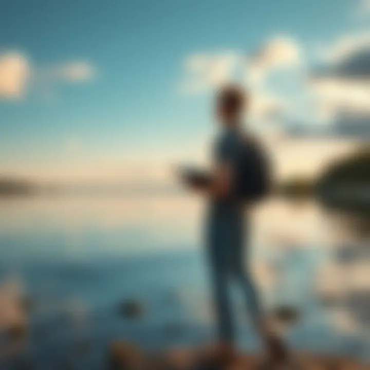 A person stands at the edge of a serene lake, reflecting on their faith while holding a Bible, surrounded by nature, symbolizing the conflict between community and personal beliefs.