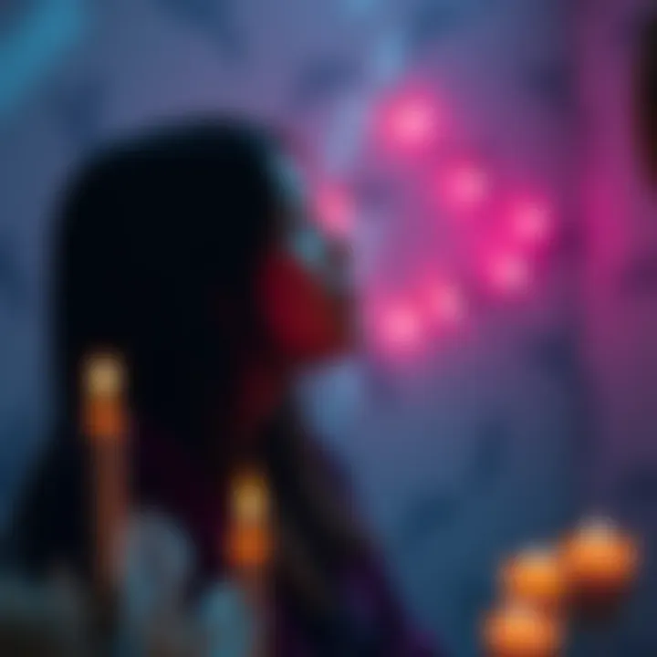 A person looks thoughtfully into the distance, surrounded by candles and crystals, symbolizing their struggles with spells after a breakup.