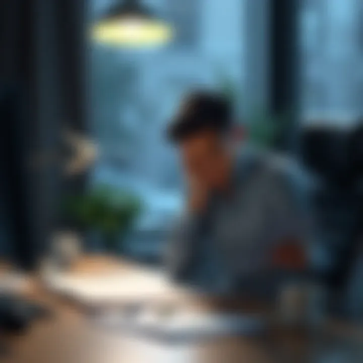 Individual sitting at a desk, looking stressed while holding a resume and a family photo, reflecting on career decisions amid family doubts.