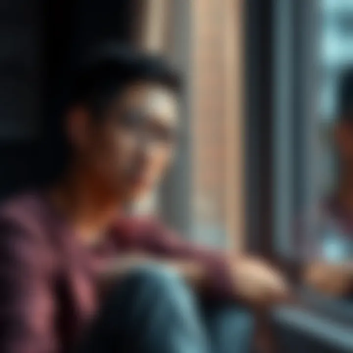 Person contemplating emotions Individual sitting with a thoughtful expression, looking out a window, reflecting on feelings of anger and depression.