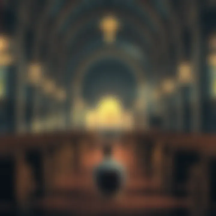 A person sits alone in a quiet church, struggling with thoughts while looking up at the altar, symbolizing a conflict between OCD and worship.