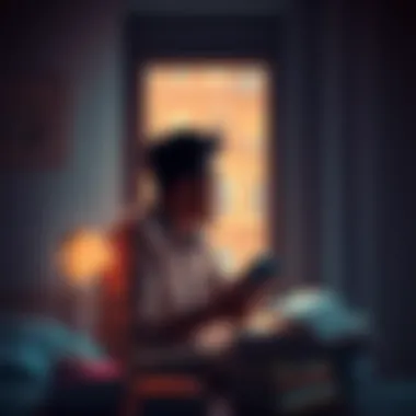 Individual looking out a window, reflecting on life choices at 43, surrounded by notes and books about future plans