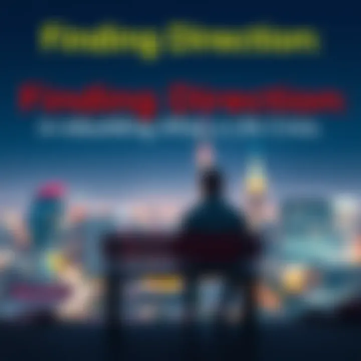 A person sitting on a bench looking thoughtfully at a cityscape, symbolizing reflection and search for direction in life.