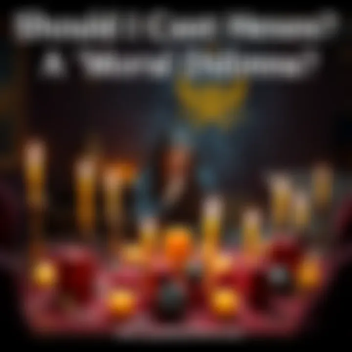 A thoughtful person sitting at a table surrounded by candles and mystical symbols, pondering the ethics of casting hexes.