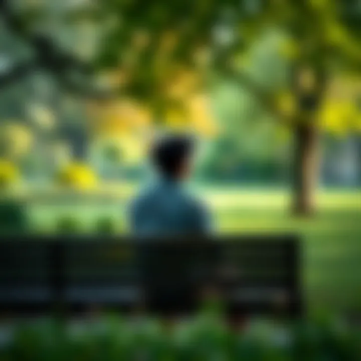A person contemplating in a park An individual sitting on a bench in a park, looking thoughtful while surrounded by nature, symbolizing the search for meaning in life