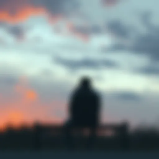 A person sitting alone on a bench, looking thoughtful against a backdrop of a cloudy sky, reflecting on love and loss.