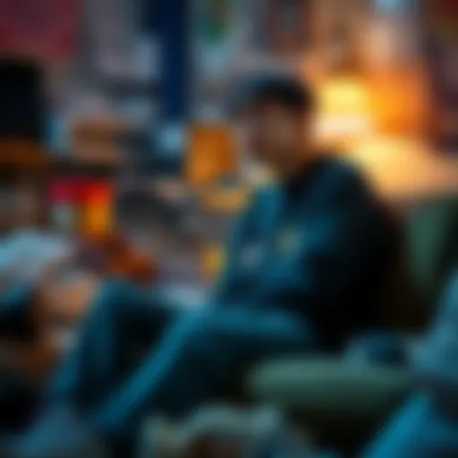 A person sitting on a couch with a thoughtful expression, surrounded by clutter, reflecting on life challenges after listening to music.