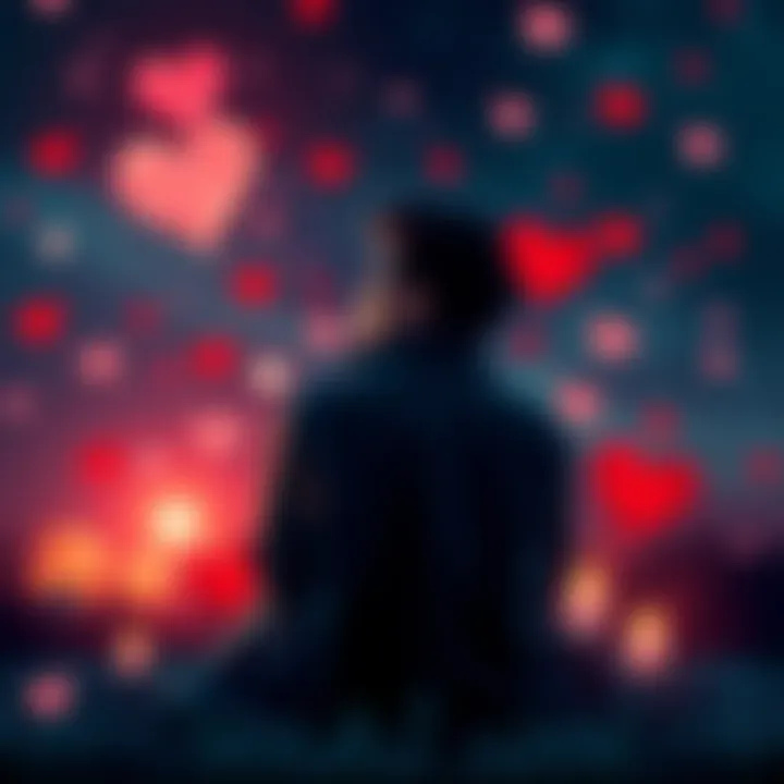 A person sitting alone, looking thoughtful while surrounded by romantic symbols, representing the struggle between ideal love and reality.