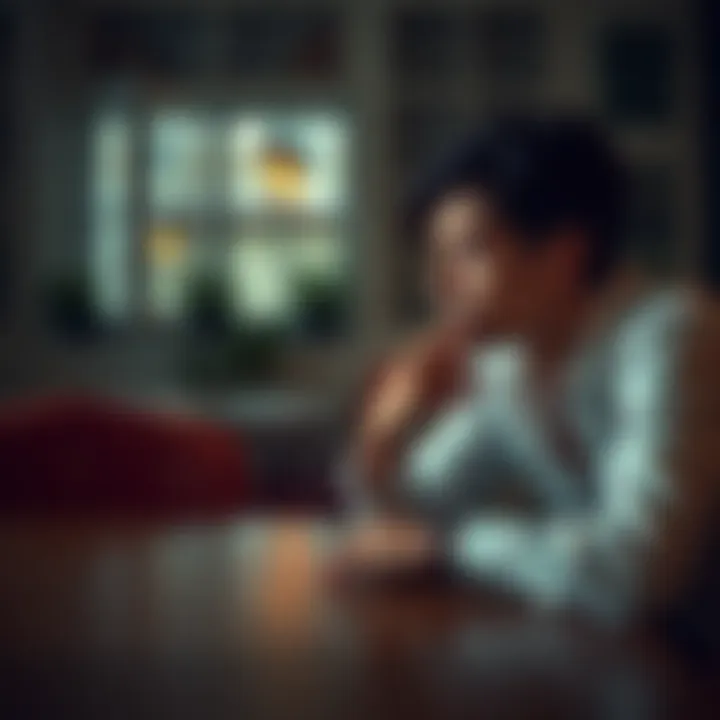 A person sitting at a table with wedding rings and a thoughtful expression, reflecting on the idea of marriage
