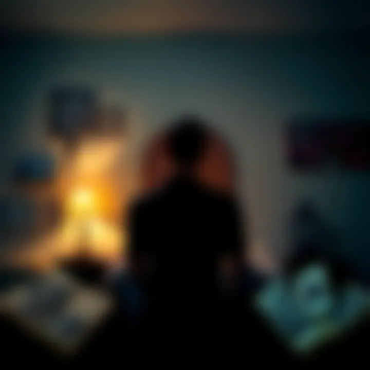 A person sitting alone in a dimly lit room, looking thoughtfully at a collection of paranormal-related objects like ghost stories and photographs.