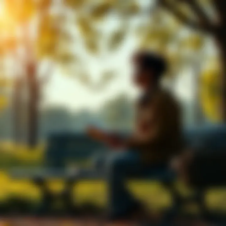 A person sitting on a park bench, looking thoughtful with a notebook in hand, surrounded by trees and nature, symbolizing a search for meaning in life