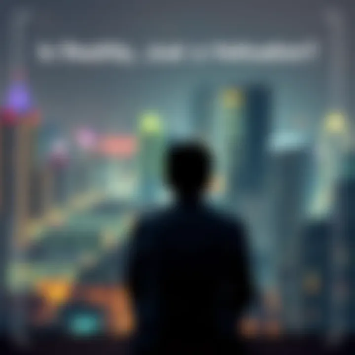 A thoughtful person sitting alone, looking at a blurred cityscape, symbolizing the questioning of reality.