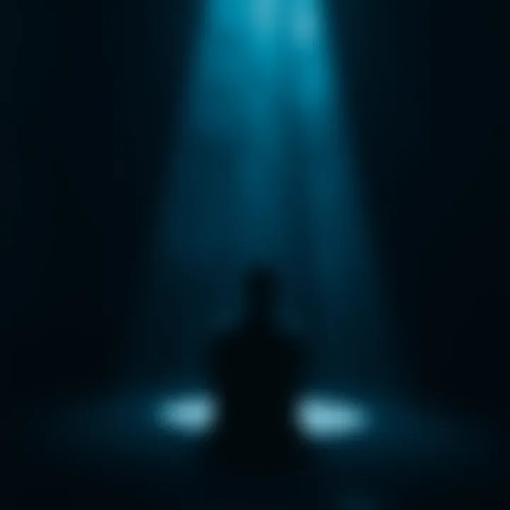 Person contemplating reincarnation A person sitting alone in a dark room, looking reflective with shadows around, symbolizing thoughts of reincarnation and its possible struggles.