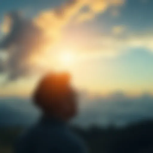 A thoughtful person looking at the horizon, reflecting on past lives and current emotions, with a serene background of clouds and light