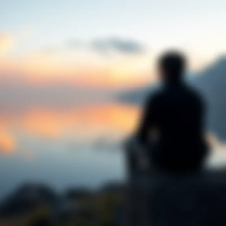 A person sitting on a rock near a calm lake, looking thoughtful and introspective, surrounded by nature.