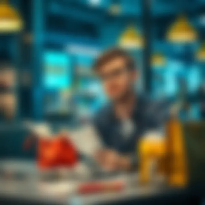 A person sits at a table with bills and shopping items, looking thoughtful about spending choices