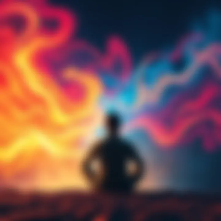 A person sitting in a meditative pose, looking thoughtful with a backdrop of swirling colors symbolizing spiritual exploration, representing the struggle between fear and curiosity.