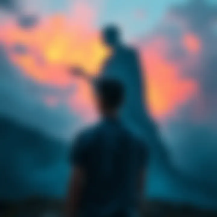 Individual standing alone, looking pensive while a shadowy figure of a controlling teacher looms in the background, illustrating the struggle between guidance and control.