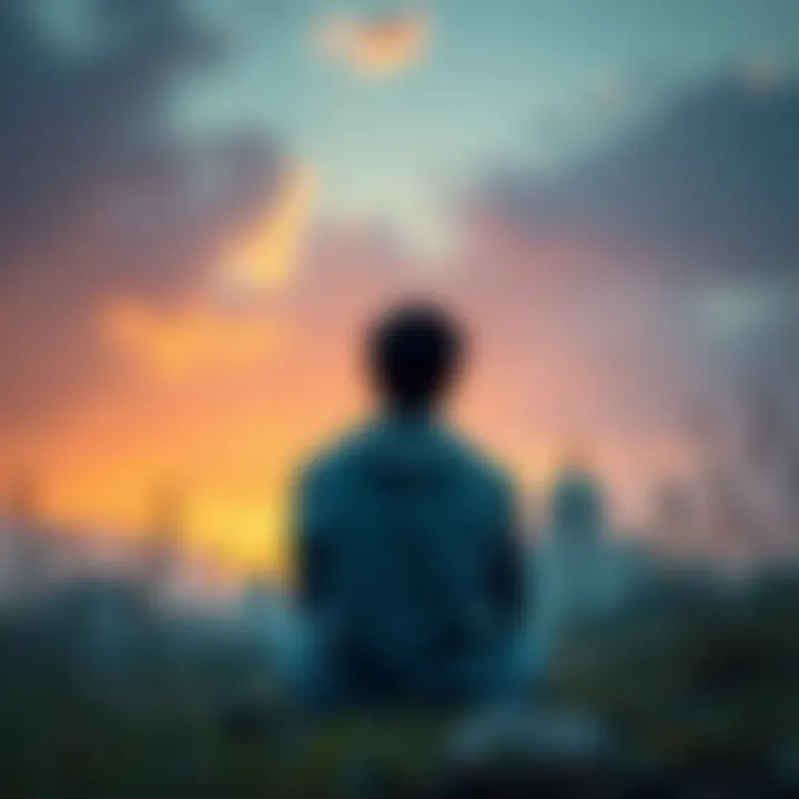 A person sitting alone, deep in thought, surrounded by nature, reflecting on the concepts of ego and religion.