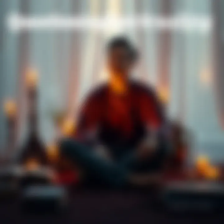 A person sitting cross-legged with a thoughtful expression, surrounded by symbols of spirituality like books and candles, reflecting on memory and understanding.