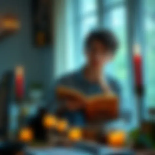 A young person sitting at a table with candles, herbs, and a cat, looking thoughtfully at an open book about witchcraft.
