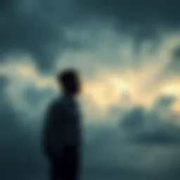 A person stands in a reflective pose as dark clouds loom overhead, symbolizing heavy feelings associated with troubling news.
