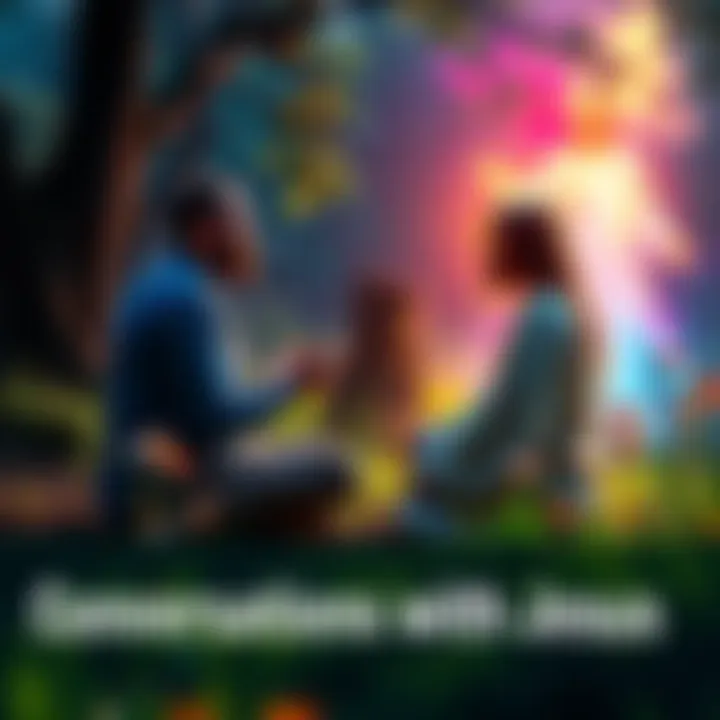 A person sitting cross-legged in nature, experiencing a mushroom trip, engaged in a deep conversation with a glowing figure symbolizing Jesus, surrounded by vibrant colors and peaceful scenery