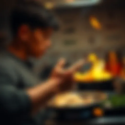A person with a burned finger cooking quesadillas, looking thoughtful about their meditation practice.