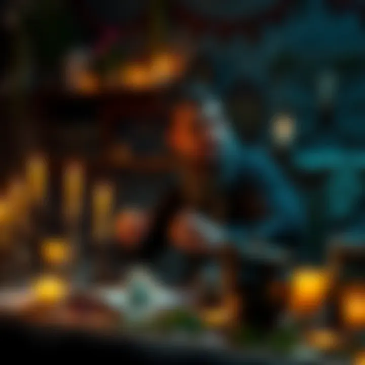 A person sitting at a table surrounded by candles, herbs, and crystals, working on a spell, looking focused and creative.