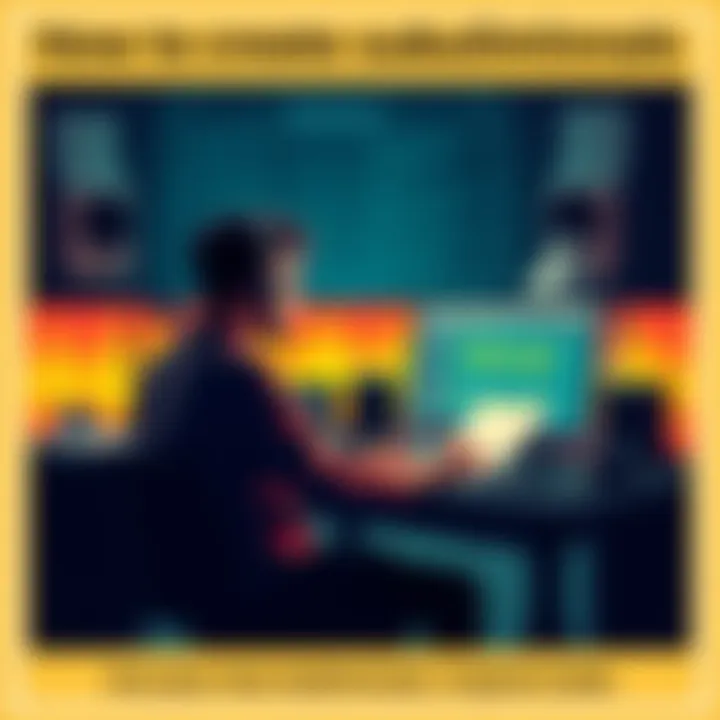 A person sitting at a desk, working on audio software to create subliminal messages, surrounded by notes and headphones.