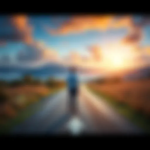 Person standing at a crossroads A person contemplating a path decision at a crossroads with one path leading to a vibrant city and the other to a quiet nature trail.