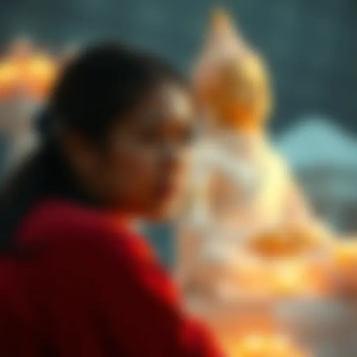 A person with tears in their eyes sitting close to a serene figure, conveying deep emotional connection and spiritual presence