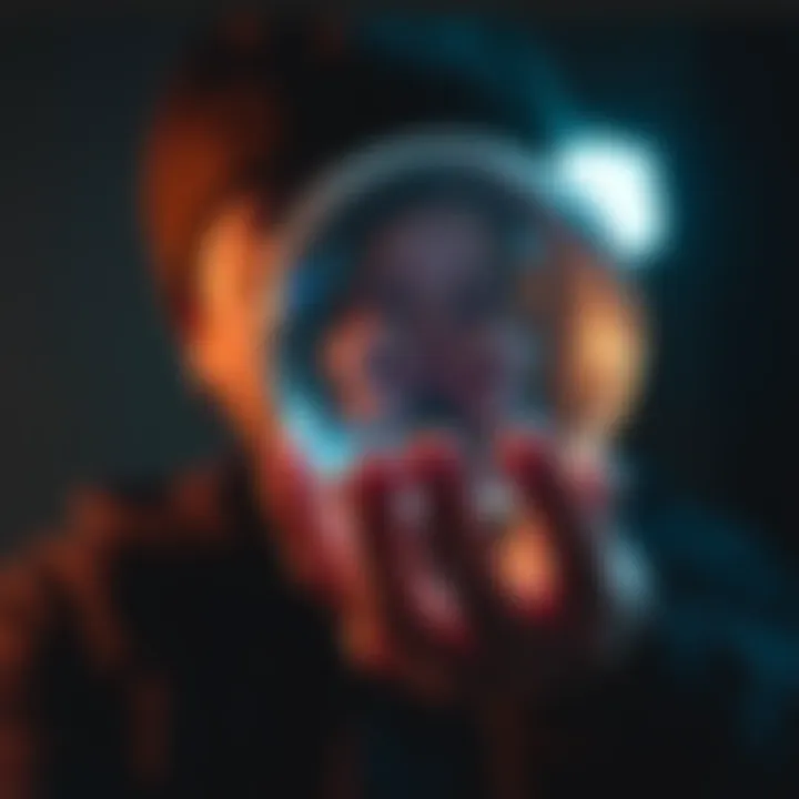 A person gazes intently into a crystal ball, symbolizing the search for answers about a childhood hex. The background is dimly lit, adding a mysterious atmosphere.