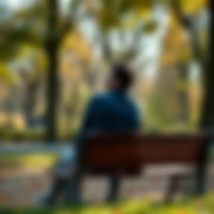 A person sitting on a bench in a park, gazing into the distance with a thoughtful expression, surrounded by trees and nature, conveying a sense of daydreaming and introspection