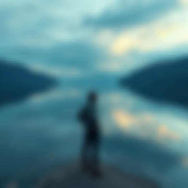 A person standing at the edge of a serene lake, contemplating life and the mysteries of existence, surrounded by nature.