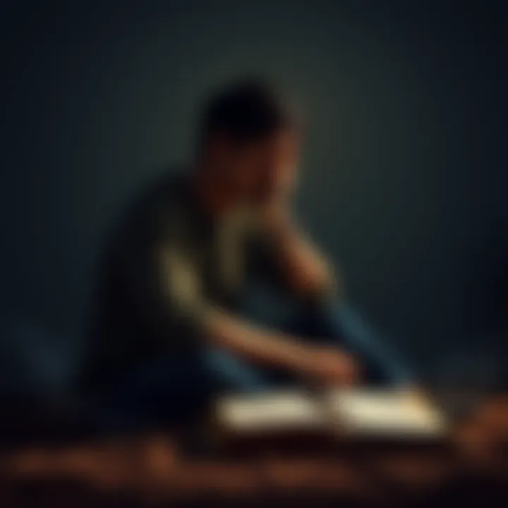 Individual sitting alone, looking troubled and contemplative, with a Bible nearby, symbolizing a struggle between faith and mental health.