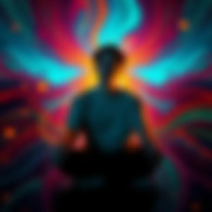A person sitting with a distant look, surrounded by swirling colors representing disassociation and altered reality.