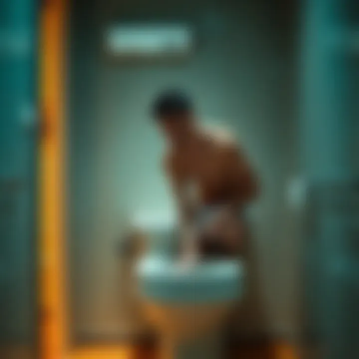 A person looking uneasy while sitting on a toilet, appearing as if they still have underwear on.